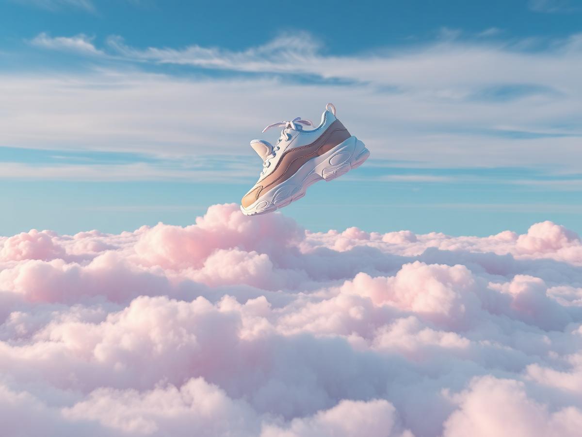 An SKR sneaker floating above a sea of pink clouds