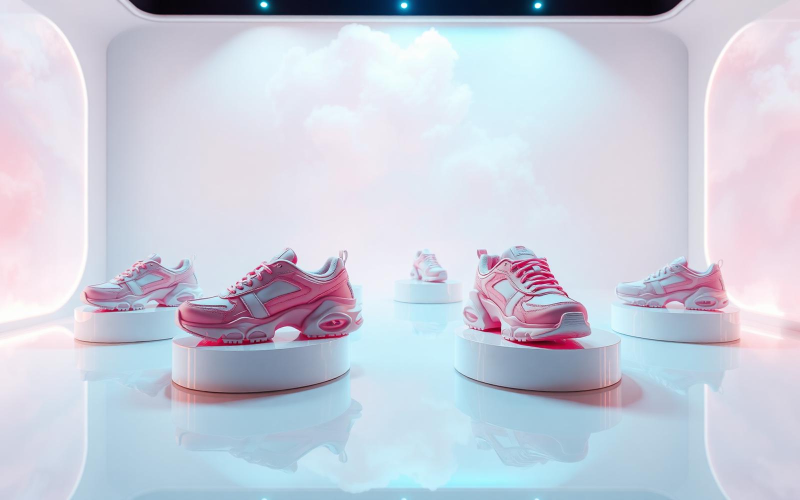 SKR design studio with sneaker prototypes on glossy pedestals