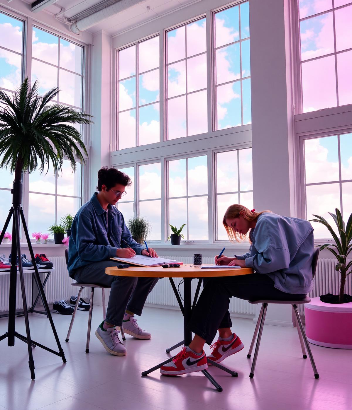 Designers sketching sneakers in a bright studio