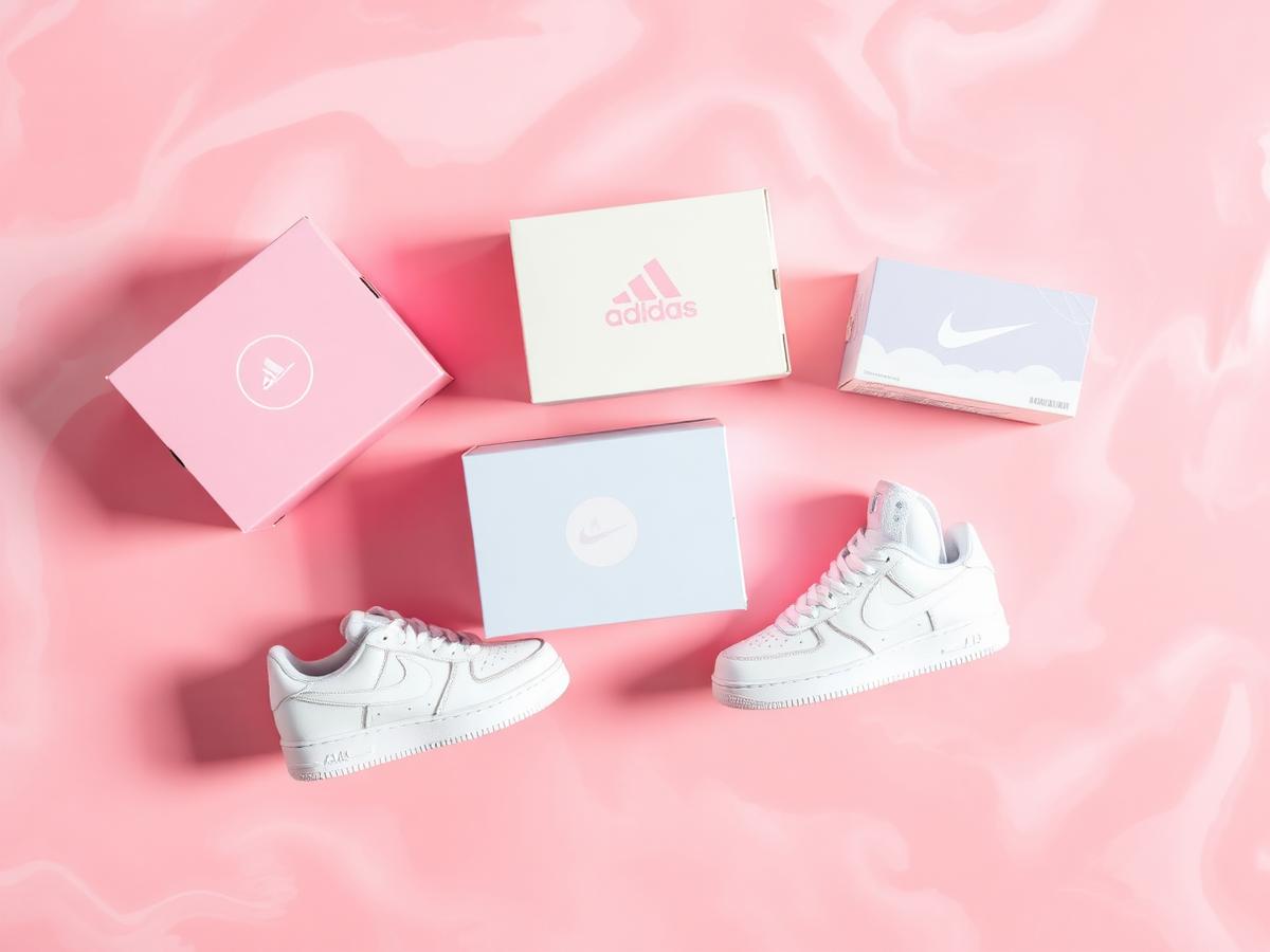 Sneaker boxes and pastel packaging laid out on a pink surface